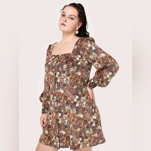 Cider Button Up Floral Mini Dress Long Sleeve Square Neckline Corduroy Size 1XL